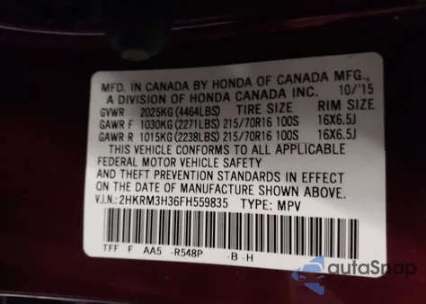 2015 Honda Cr-V Lx из США, поврежденный, VIN 2HKRM3H36FH559835